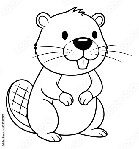 Cartoon Line Art of a Standing Beaver with Big Teeth and a Flat Tail