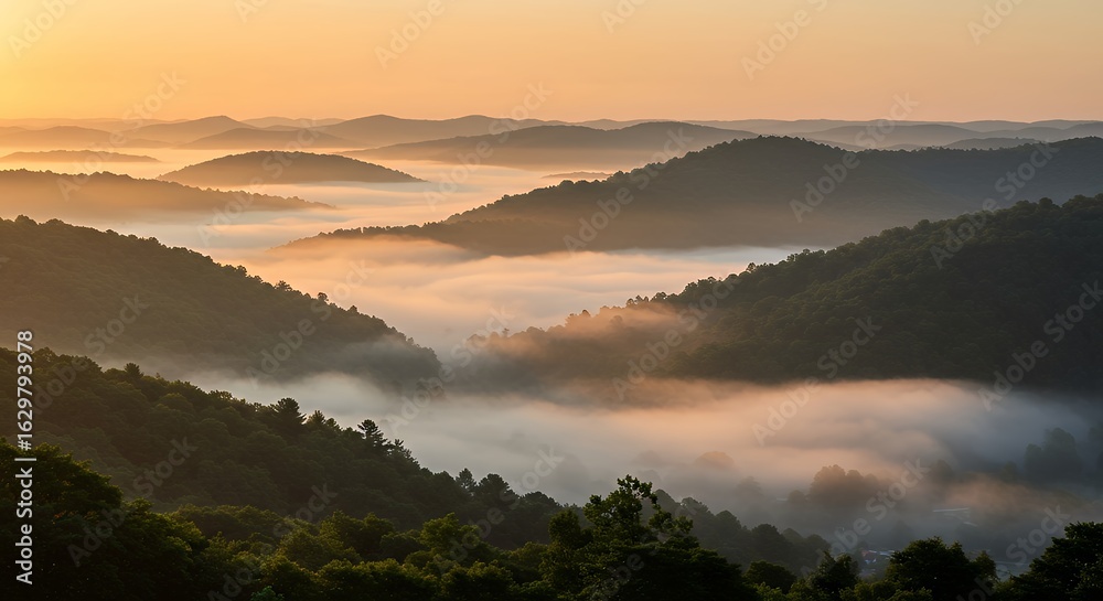 Obraz premium Sunrise Over Rolling Green Hills Misty Mountain Landscape