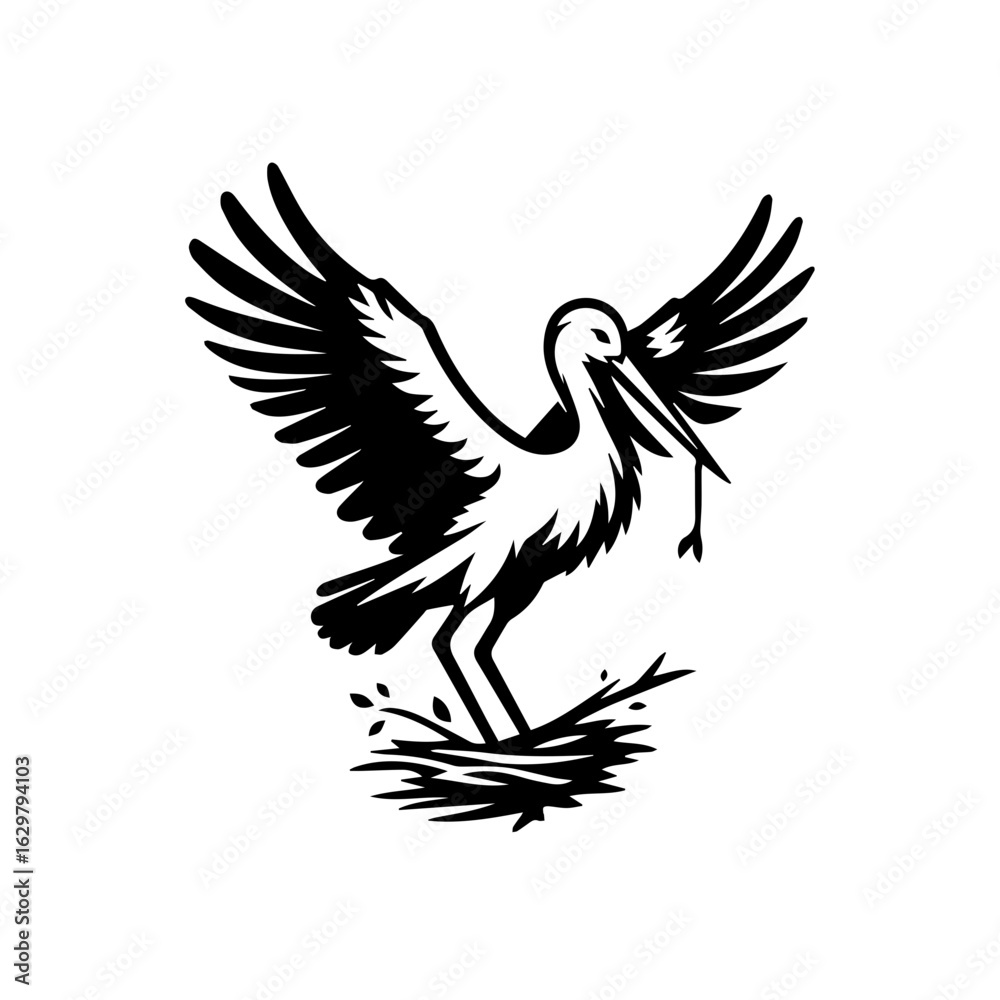 Fototapeta premium Stork with wings spread, holding a branch in its beak