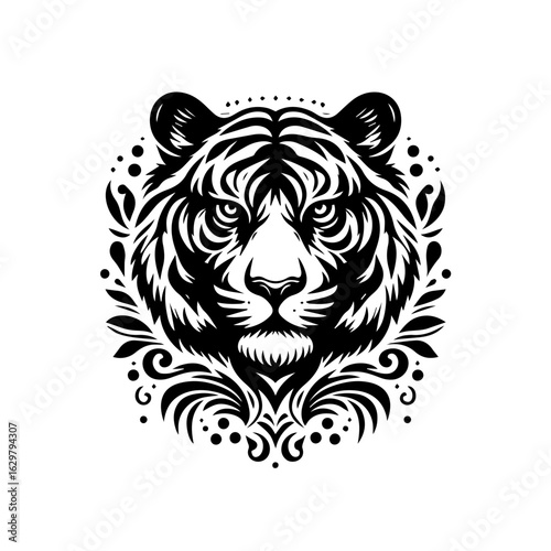 Fierce tiger head with ornamental details isolated on white background