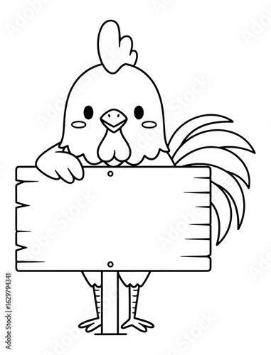 Cute Rooster Holding a Blank Wooden Sign, Black and White Outline Illustration