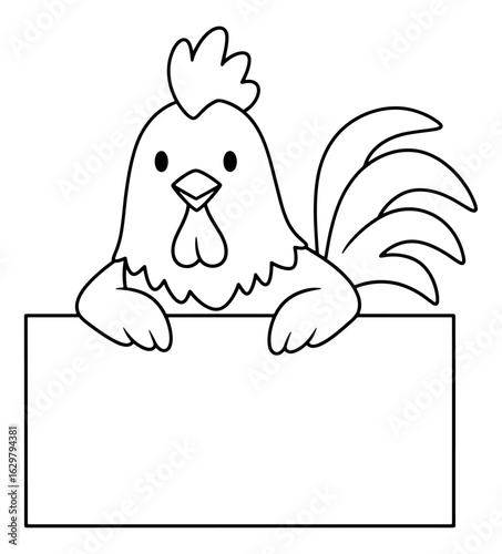 Wallpaper Mural Cartoon Rooster Holding a Blank Rectangular Sign, Black and White Outline Illustration Torontodigital.ca