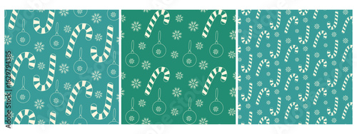 Striped Candy Cane Snowflake and Christmas tree balls Chalk Hand Drawn Seamless Pattern Backdrop Set