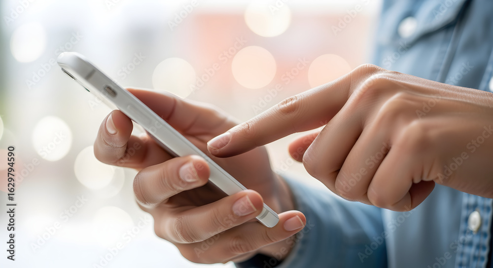Person Using Smartphone with Finger Touch on White Device with Bokeh Background Person Using Smartphone with Finger Touch on White Device with Bokeh Background