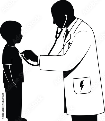 Silhouette of doctor using stethoscope on child, pediatric health checkup, medical exam