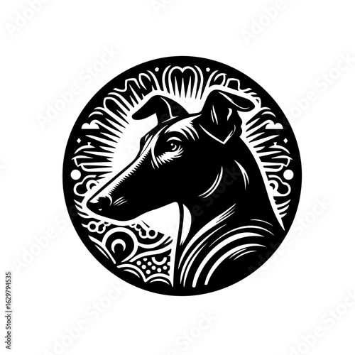 Elegant greyhound head silhouette isolated on white background