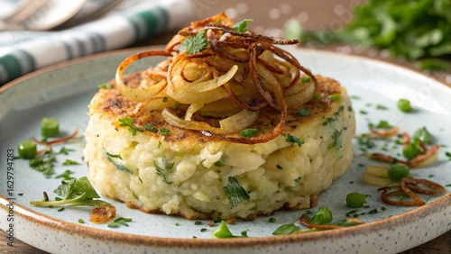 Crispy bubble and squeak topped with fried onions served on a rustic plate with fresh herbs