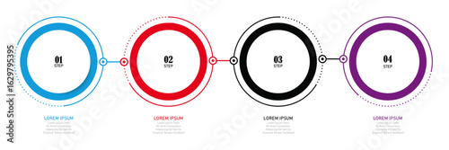 Business diagram with 4 circular steps – Dotted line infographic design with icons for digital process and planning