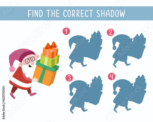 Find same correct shadow. Game for children. Santa Claus with gifts for Christmas. Vector illustration.