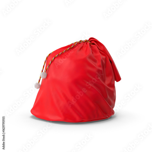 Red Santa Gift Sack with Pom-Poms Isolated on Transparent Background