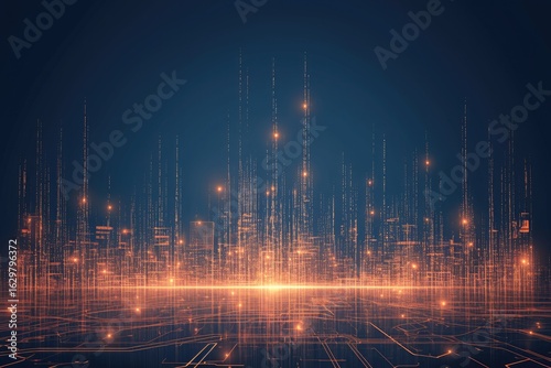 Futuristic digital background with glowing data streams and circuit patterns, city lights innovation theme