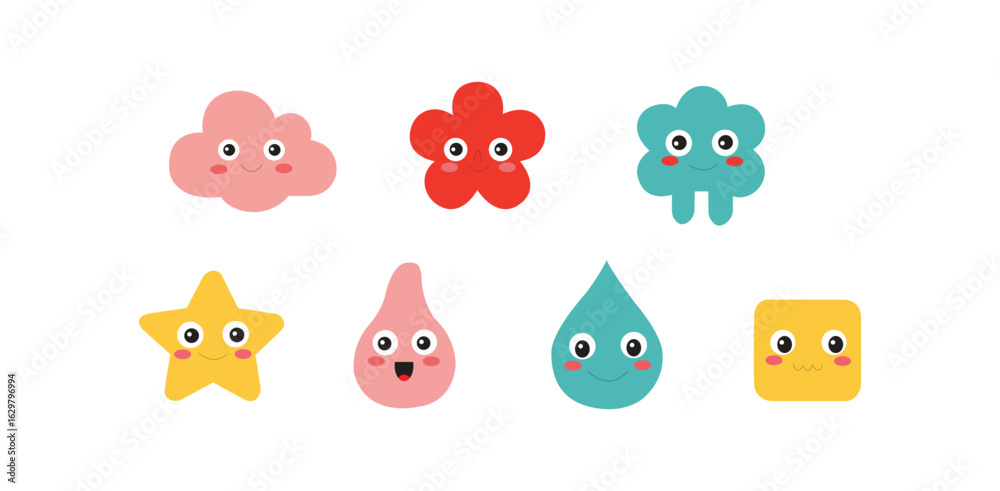 Fototapeta premium Cute cartoon icon collection featuring playful characters and minimal kawaii expression shapes