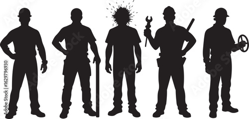 Diverse tradespeople silhouettes with tools, ready for work