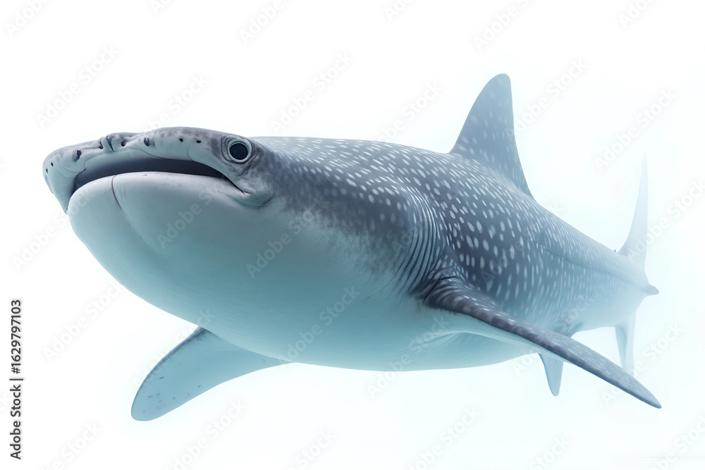 Obraz premium Great white shark swimming underwater with a blue ocean background.