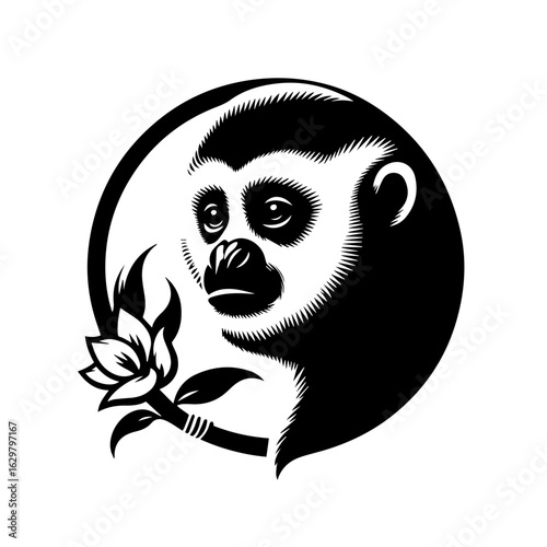 Gibbon monkey portrait with flower illustration