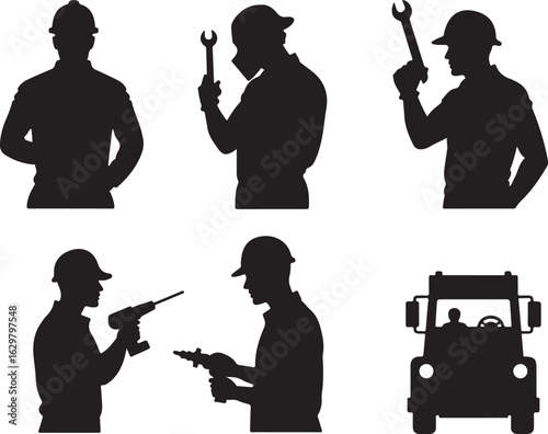 Skilled workers building, drilling, driving with tools and truck