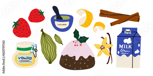 Ingredients and spices for homemade pie and baking. Cartoon doodle stickers of spice seasonal flavored products. Bright baking food in retro groovy style. Delicious sweet desserts