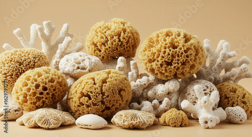 Natural sea sponges and coral on a beige background  