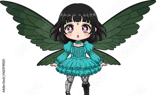 Cute anime fairy girl with prosthetic legs, big wings, teal dress, pink eyes, chibi style character, fantasy magical illustration