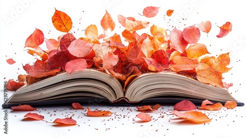 Open Book Surrounded by Colorful Autumn Leaves in Motion