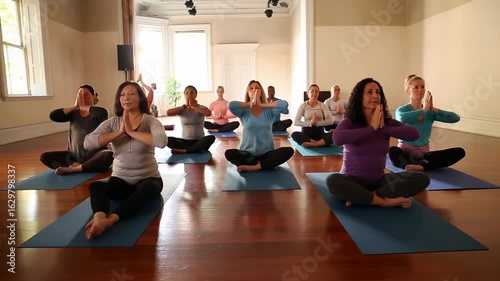 Diverse group meditating in sukhasana pose on wooden studio floor, practicing mindfulness with calm, unified energy and collective inner peace