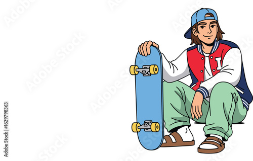 Cool teenage skateboarder in varsity jacket sitting with skateboard, cartoon style, streetwear fashion, urban youth culture, isolated vector art