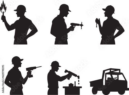 Workers with tools & vehicle, skilled trades professions