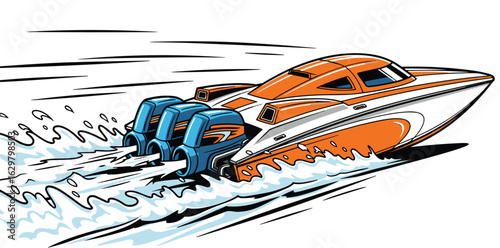 High speed motorboat racing on ocean water, modern powerboat illustration, fast marine vessel, triple engine boat, dynamic wave splash