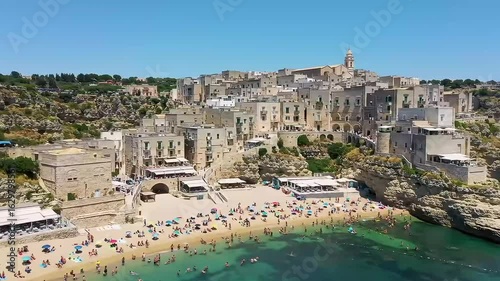 Aerial View of Polignano a Mare Coastal Town and Beach in Puglia, Italy with Adriatic Sea Panorama
