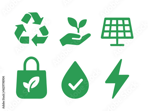 Green Sustainability Icons – Recycling, Solar, Eco Bag & Energy Silhouettes