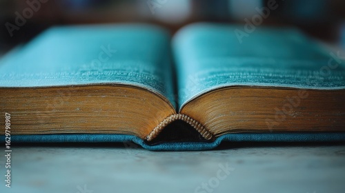Open vintage book with textured cover and faded pages on table