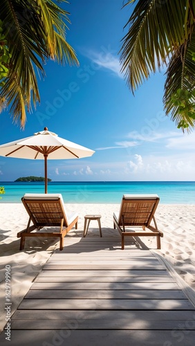 Wallpaper Mural Tropical beach scene with loungers Torontodigital.ca