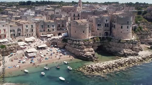 Aerial View of Polignano a Mare Coastal Town and Beach in Puglia, Italy with Adriatic Sea Panorama
