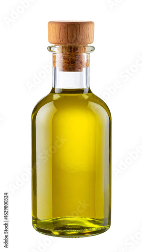 Golden olive oil in a glass bottle with a cork stopper, a healthy and flavorful ingredient for cooking and dressing salads, perfect for culinary projects on transparent background