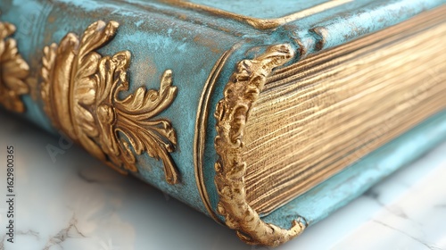 Vintage Book Cover with Ornate Gold Detailing and Blue Background