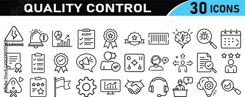 Quality control icons collection. Containing evaluation, quality check, defect, assurance, process, inspection, product, testing and more. Editable vector illustration.
