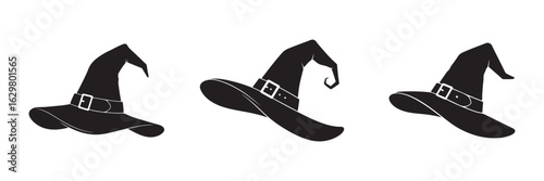 Black Witch Hats Silhouette Set, Halloween Magic, Mystical Wizardry,