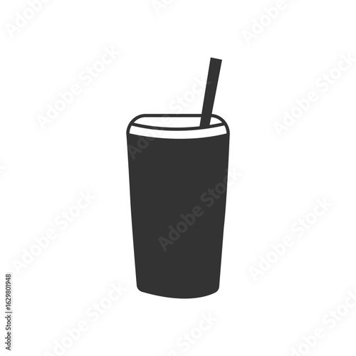 Juice cup with straw, Black vector silhouette of disposable juice or soft drink cup with straw in minimal flat design style