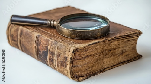 Vintage Leather Bound Book with Magnifying Glass on White Background