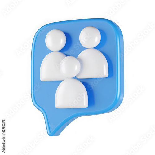 Stylized 3d blue speech bubble icon with three white silhouette people inside representing a group or community isolated on transparent background