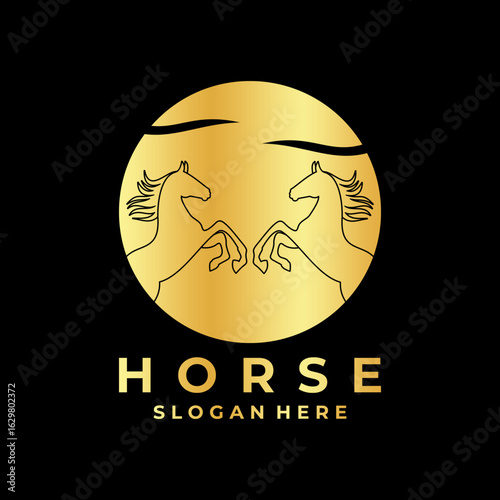 Horse line art with sun logo design icon vector