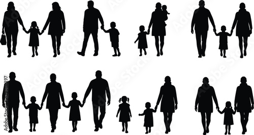 Silhouettes of parents walking with children, holding hands, family togetherness