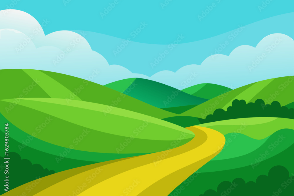 Fototapeta premium Vibrant green rolling hills with a winding yellow path under a blue sky