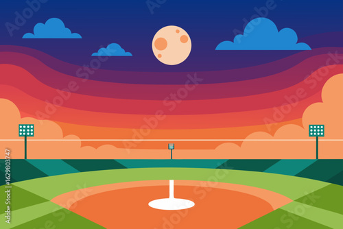 Baseball field at sunset with a full moon and stadium lights