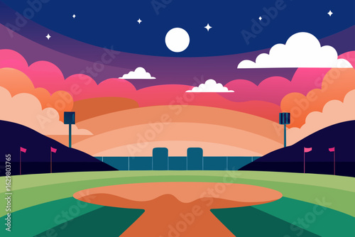 Stylized baseball field under a colorful twilight sky
