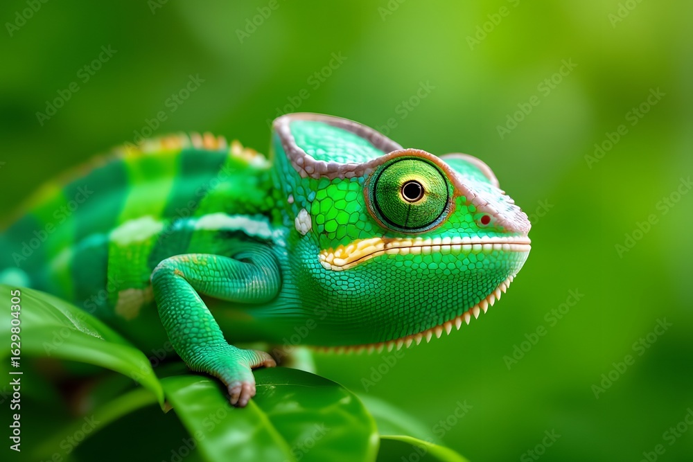 Fototapeta premium Vibrant Green Chameleon Perched on Lush Leaf