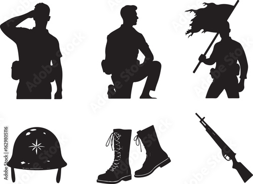 Patriotic soldiers salute, fight heroically with torn flag, gear