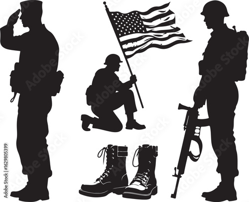 Patriotic soldiers salute flag, boots, rifle, honor, pride, courage