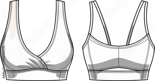  Stylish sports bra flat sketch, front and back view, deep V-neck design, mesh panel details, athletic fashion illustration, technical drawing, activewear.
