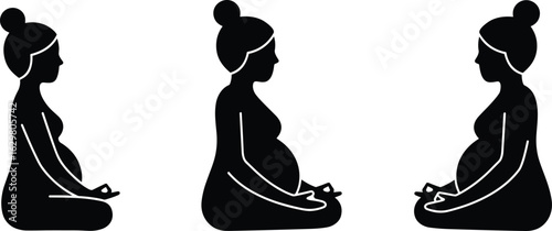 Three pregnant women meditating silhouette, prenatal yoga vector icons in side
